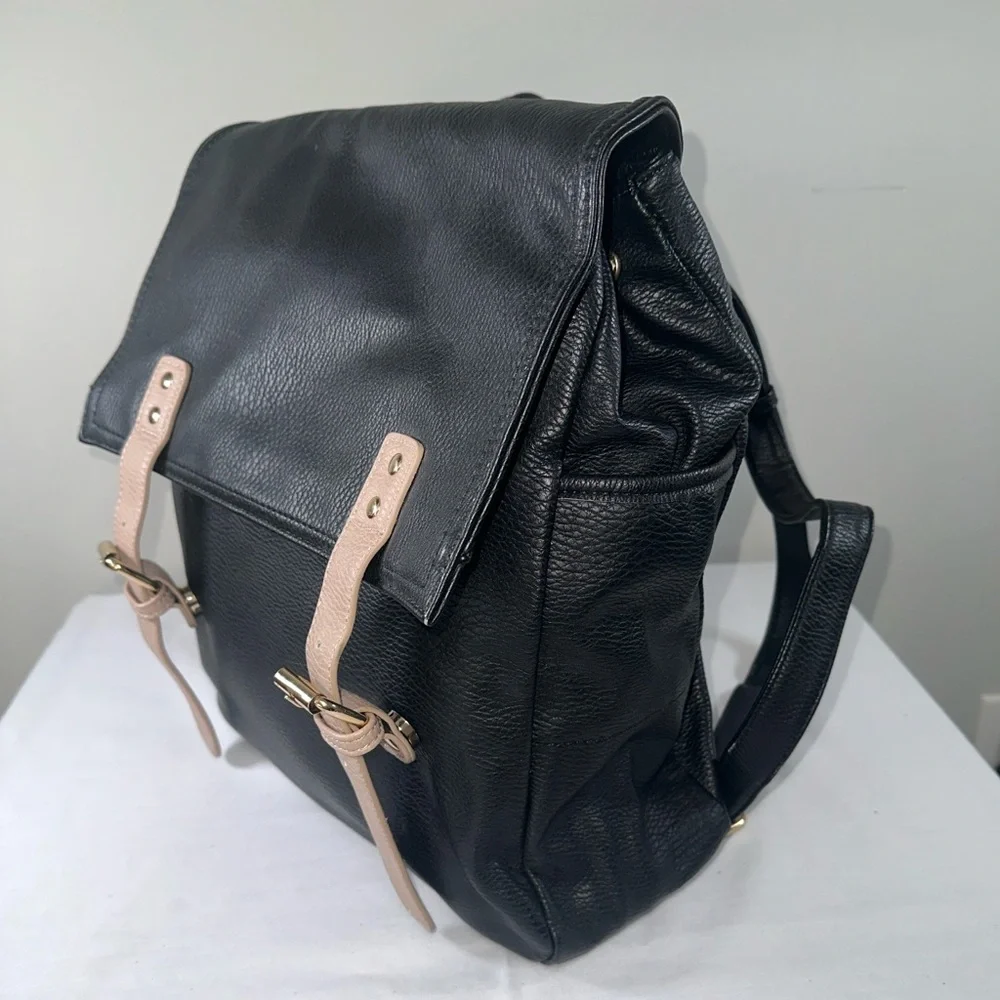 Madison West Faux Leather Convertible Backpack Tan and Black Gold Hardware
